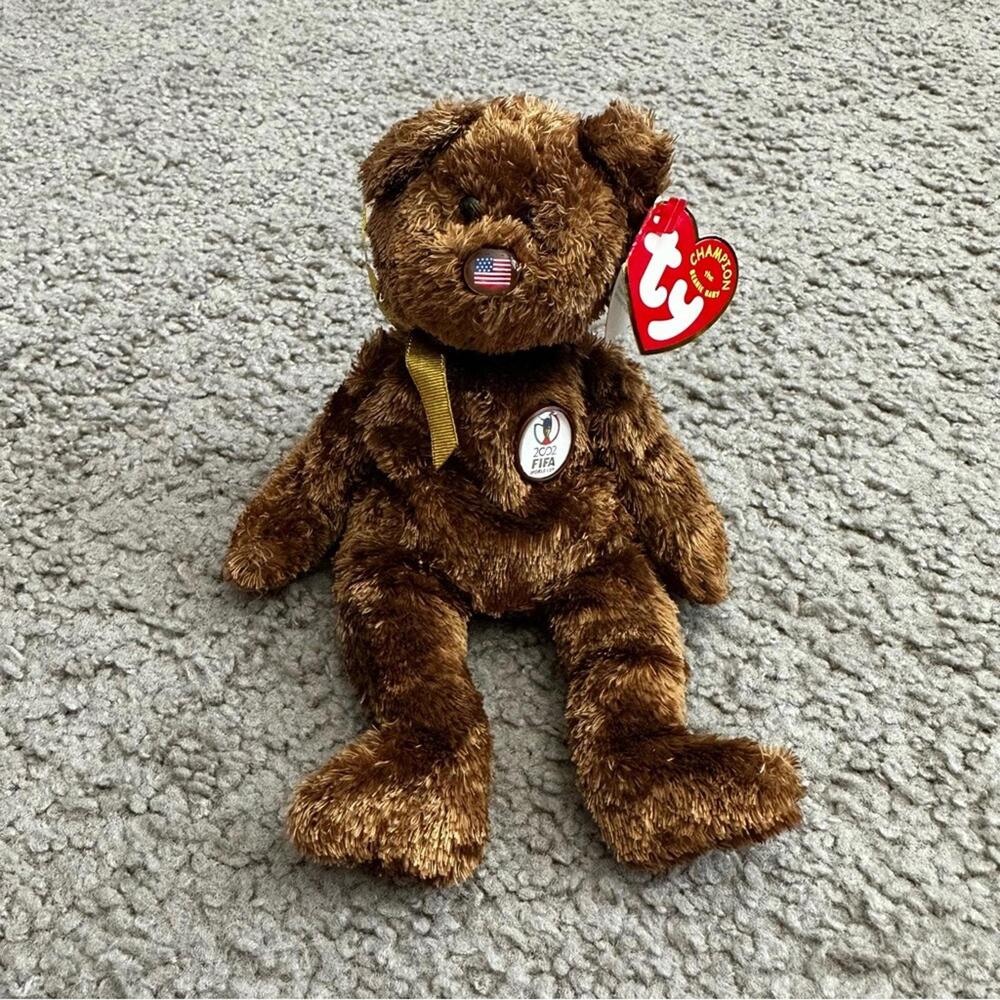 Vintage Ty Champion the Beanie Baby 2002 FIFA World Cup USA Brown Bear Plush